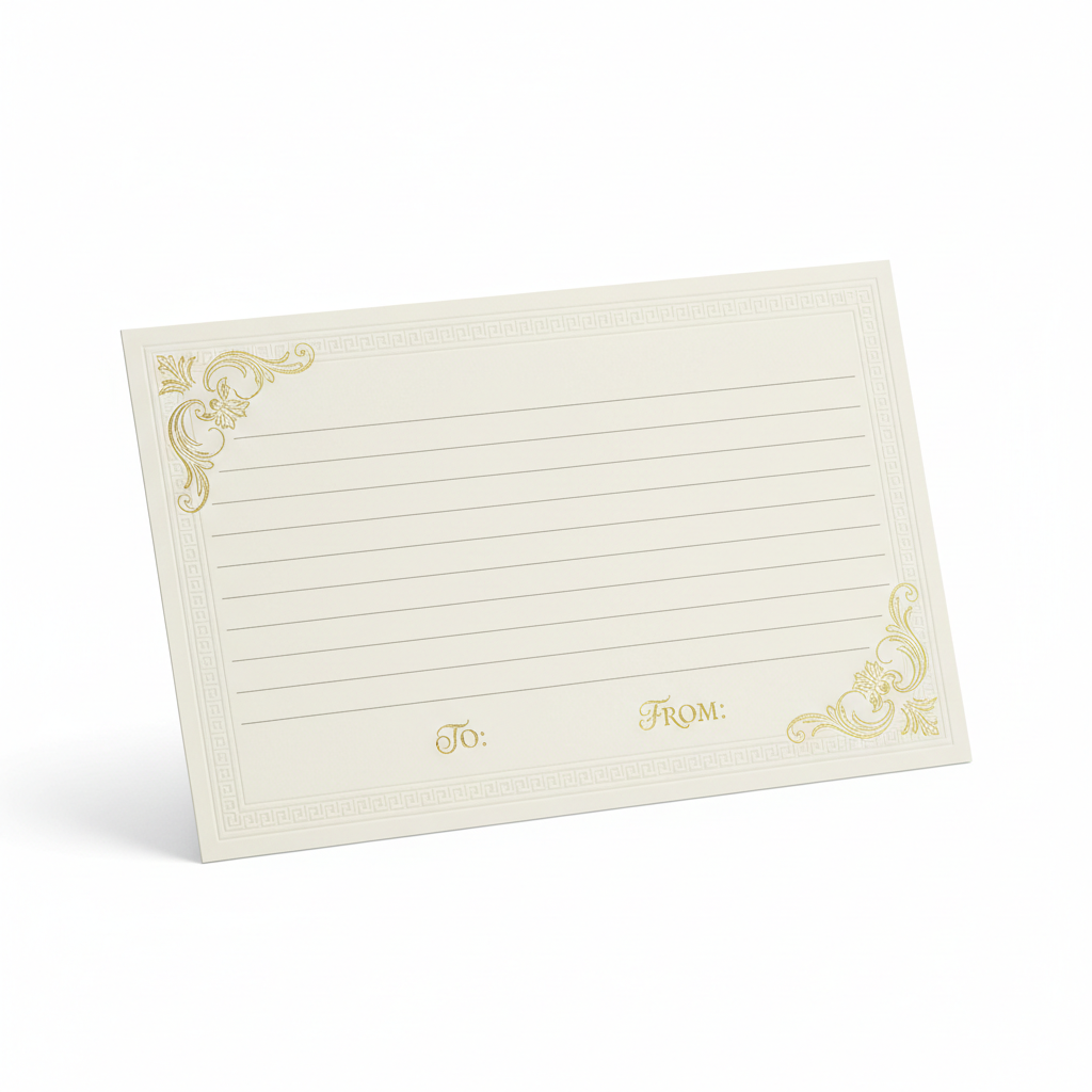 een lege cadeau kaart met regels om je eigen tekst op te schrijven met mooie luxe aspecten op een witte achtergrond