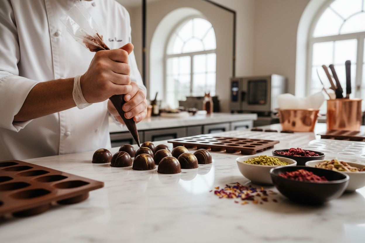 een bakker die bonbons aan het maken is. Maak het high end en super high quality