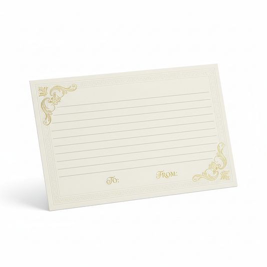 een lege cadeau kaart met regels om je eigen tekst op te schrijven met mooie luxe aspecten op een witte achtergrond